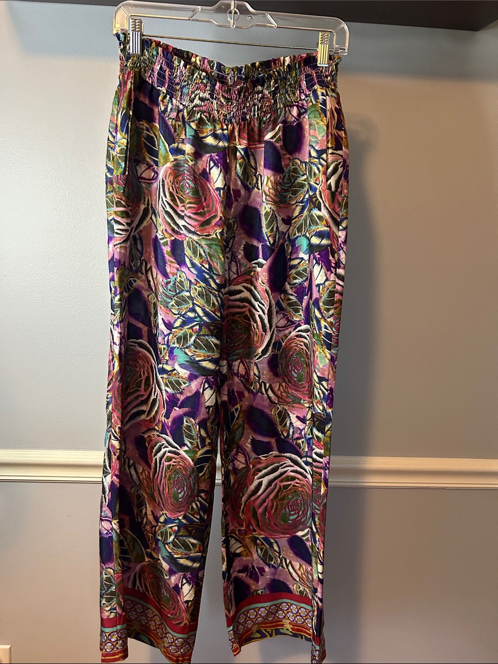 Anthropologie Wide Leg Pants in Purple, Pink, Green Floral